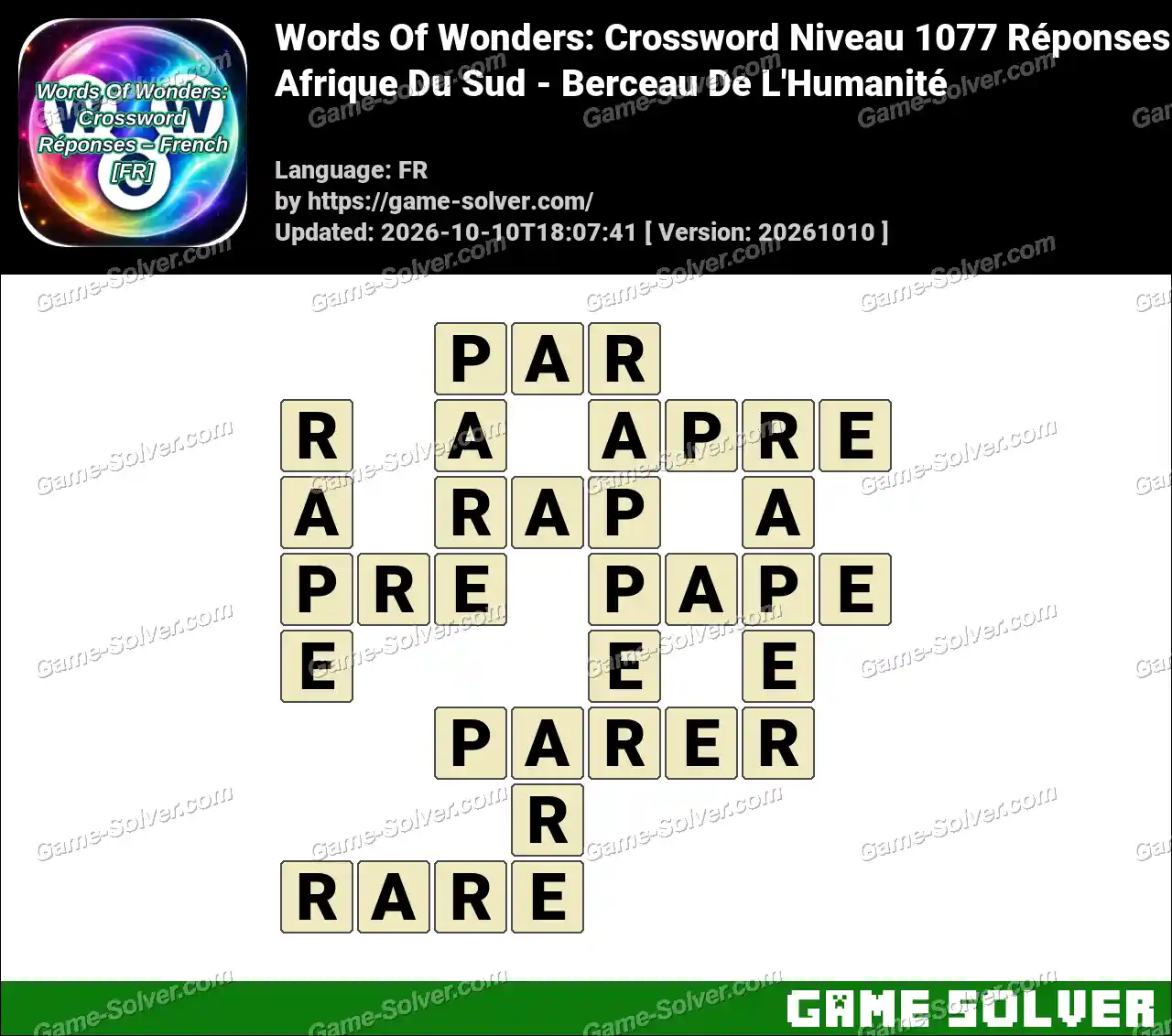 Words Of Wonders: Crossword Niveau 1077 Réponses – Afrique Du Sud – Berceau De L’Humanité